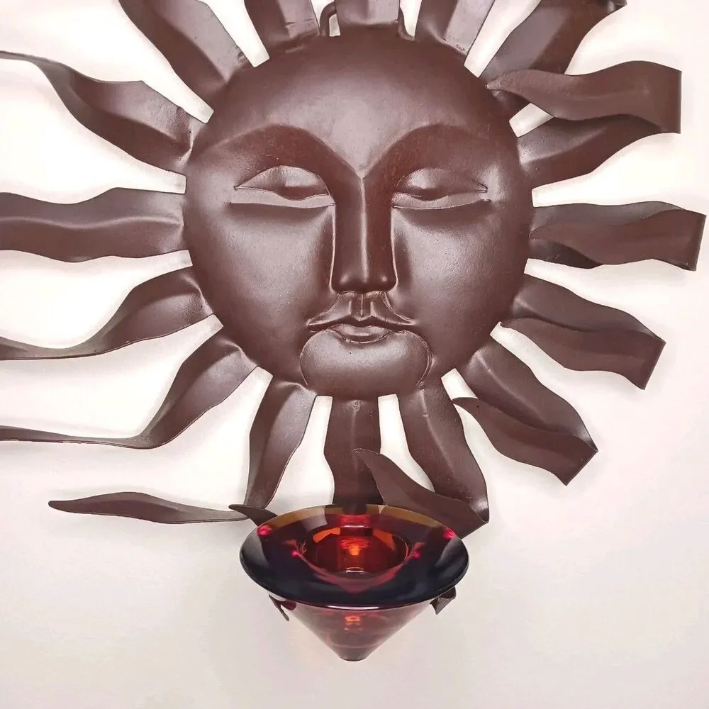 Vtg Metal Wall Art Wind Blown Sun Face Burst Amber Candle Holder Celestial Decor